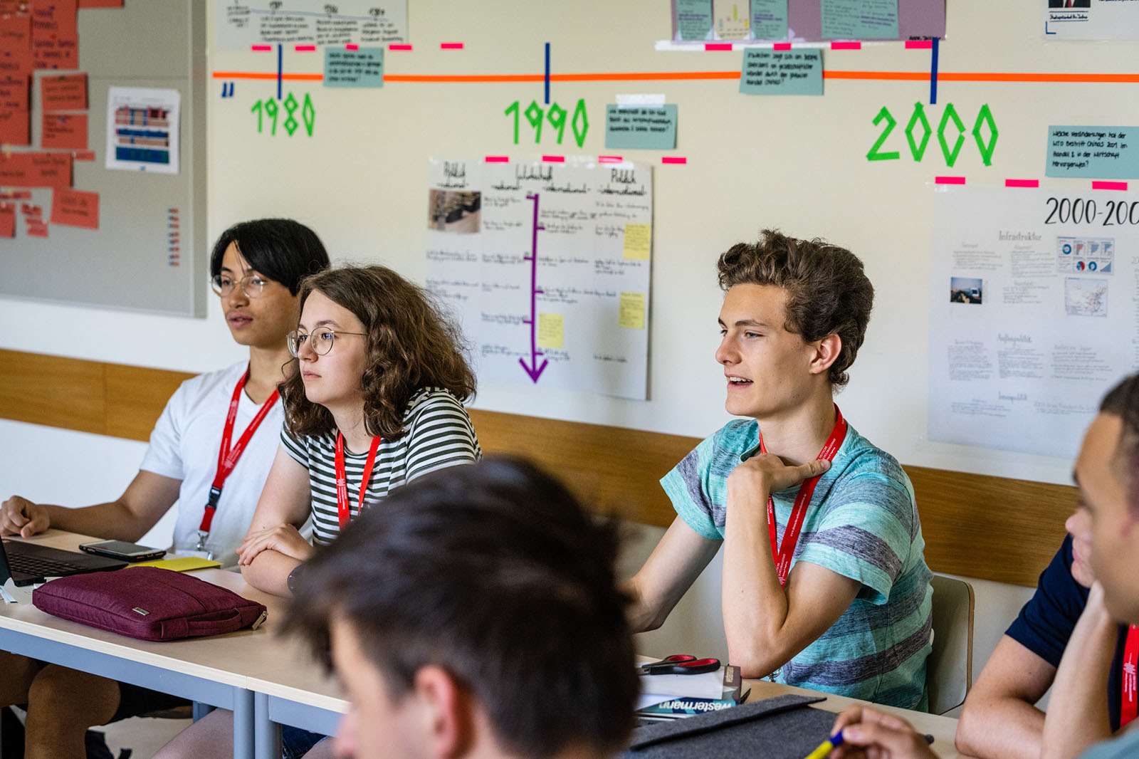 Jugendliche sitzen sich in einem Klassenraumund diskutieren miteinander. Im Hintergrund ein Zeitstrahl mit den Daten 1980, 1990, 2000. 