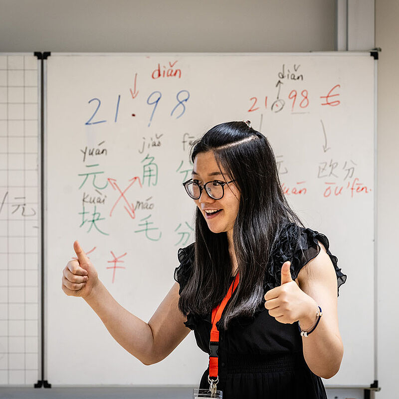 Eine junge Frau mit asiatischen Gesichtszügen steht vor einer mit chinesischen Schriftzeichen beschriebenen Tafel und hebt lächelnd beide Daumen. 